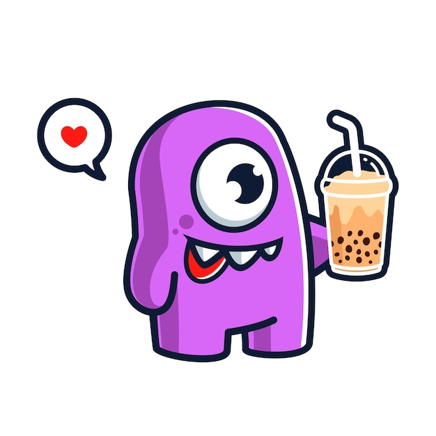 Cute one eye monster cartoon character drinking bubble tea