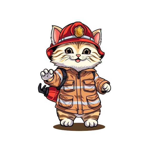 Cute orange cat in firefighter uniform carrying baton squirrel character vector Illustration