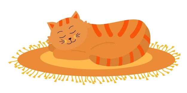 Cute orange cat sleeping on oval fringed rug Funny cartoon character