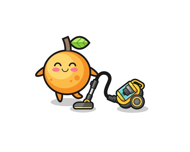 Cute orange fruit holding vacuum cleaner illustration , cute design