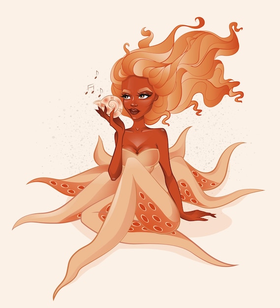 Vector cute orange half human octopus holding shell in hand