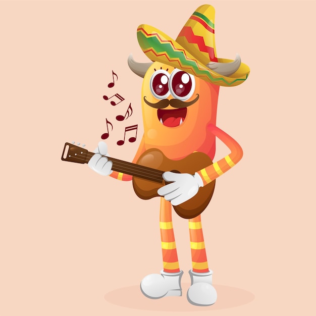 Cute orange monster wearing mexican hat with playing guitar