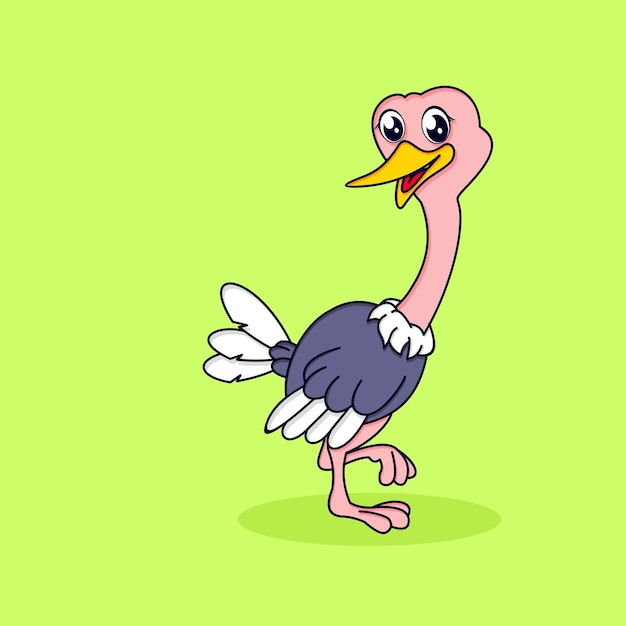 Cute ostrich in flat design cartoon illustration