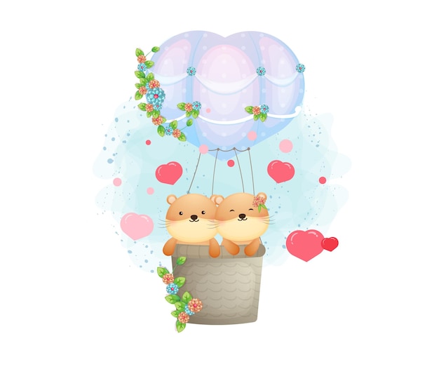 Cute otter couple flying with gradient air balloon cute animal flying in the sky