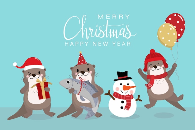 Cute otter in red costume for Christmas holidays and gift.