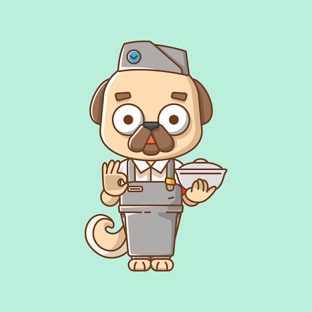 Cute oug dog waiter animal kawaii chibi character mascot illustration outline style design