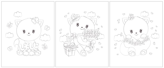 Cute outline cats for coloring pages. Set of three pages for a coloring book.