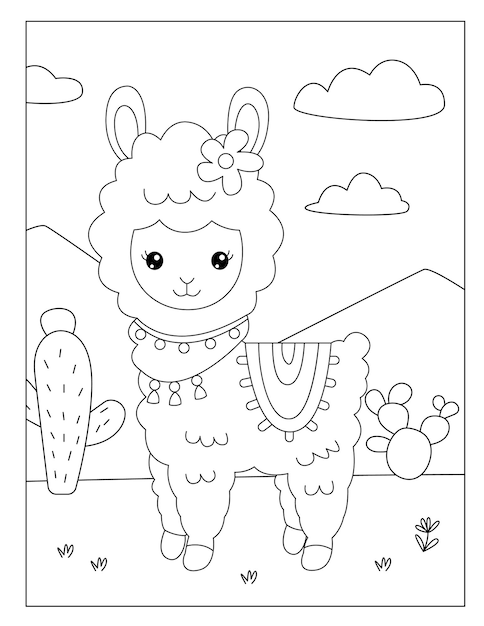 Cute outline llama coloring pages for children