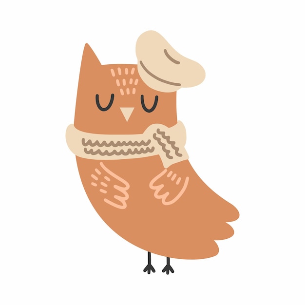 Cute owl in beret and scarf Forest bird Autumn illustration Poster