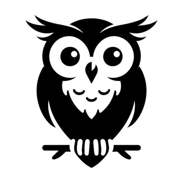 Cute owl bird sitting on the branch silhouette flat vector illustration