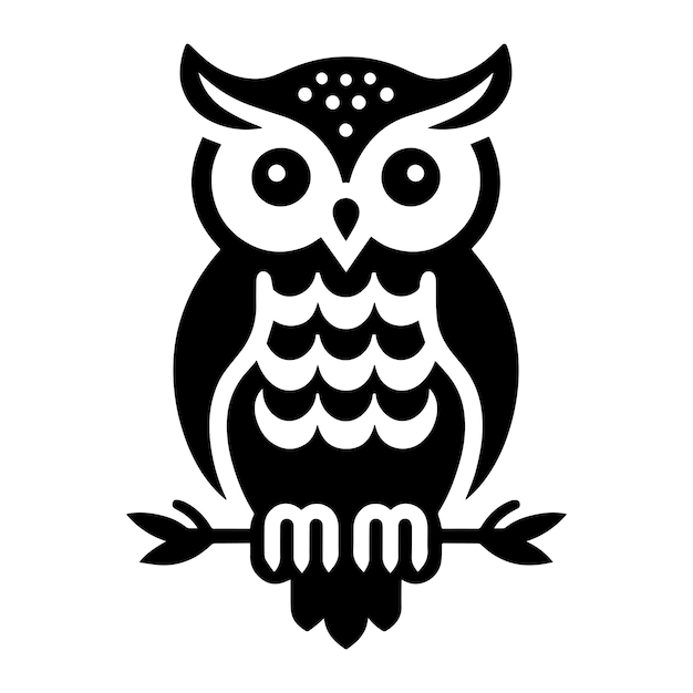 Cute owl bird sitting on the branch silhouette flat vector illustration