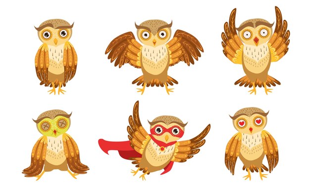 Vector cute owl cartoon characters set adorable funny brown owlets in different poses vector illustration