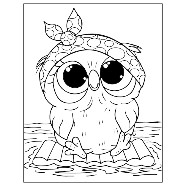 A cute owl in a headscarf floats down the river on a raft sketch Illustration