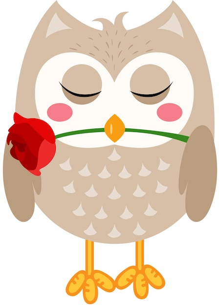 Vector cute owl holding a red rose