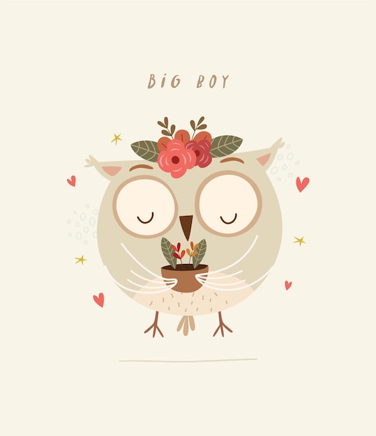 Cute owl illustration holding houseplant