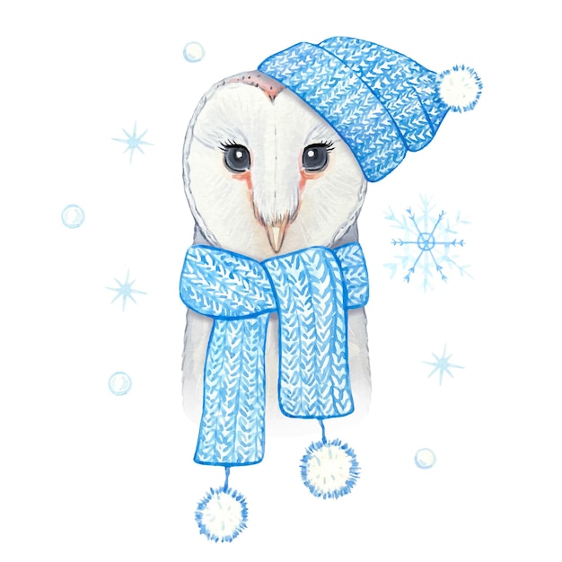 Cute owl in a knitted blue hat and scarf watercolor illustration