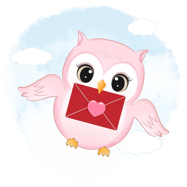 Cute Owl and letter valentine's day concept illustration