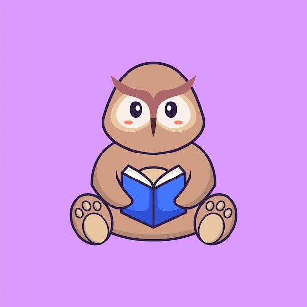 Cute owl reading a book. Animal cartoon concept isolated. Flat Cartoon Style