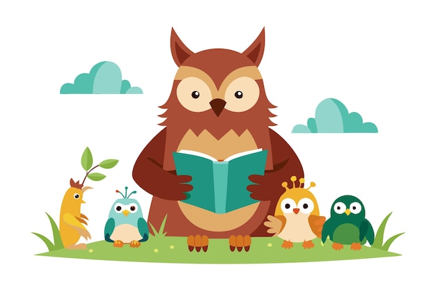 Cute owl reading a book to three little birds in a whimsical outdoor scene