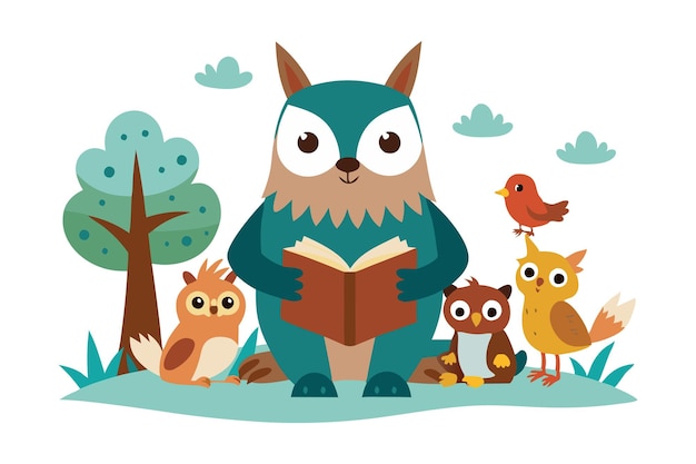 Cute owl reading book with woodland animal friends in nature