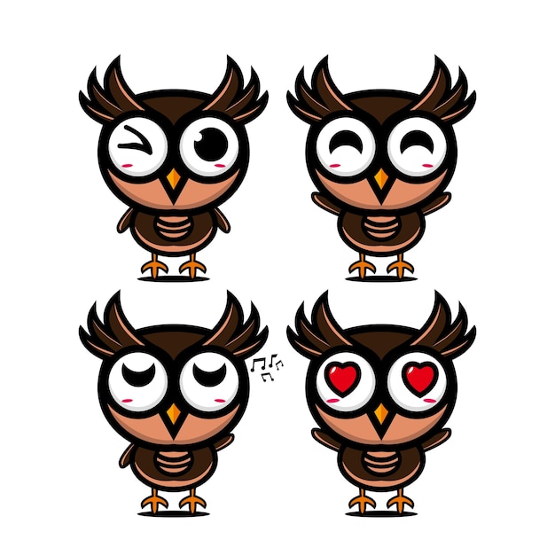 Vector cute owl set collection vector illustration owl mascot character flat style cartoon