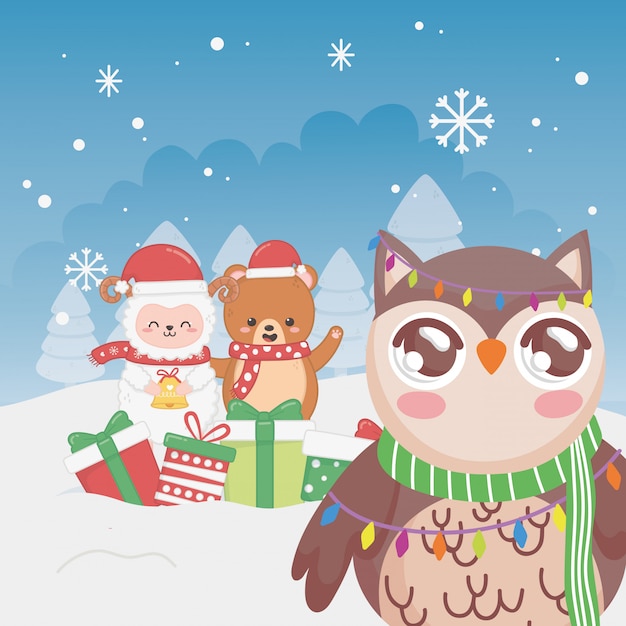 Cute owl sheep and bear snowflakes winter trees merry christmas