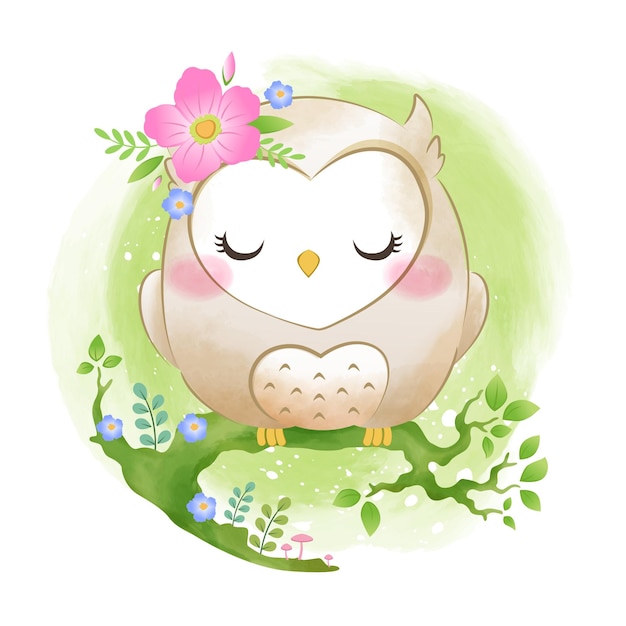 cute owl sleeping watercolor