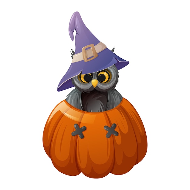 Cute owl in a sorcery hat is inside a pumpkin with funny face. Vector illustration for halloween