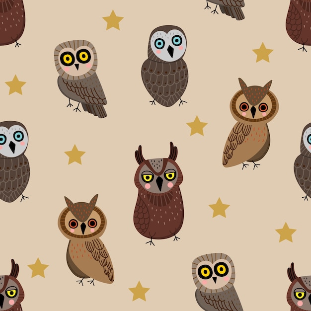 Cute owl and star seamless pattern