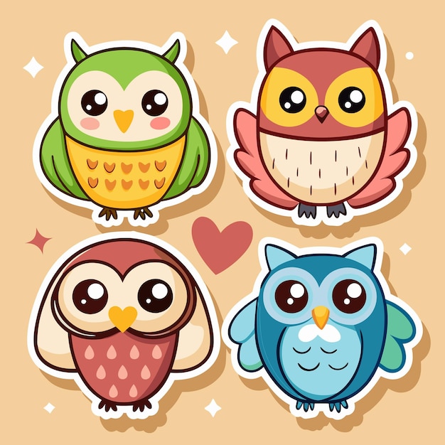 Vector cute owl stickers with big eyes and colorful designs