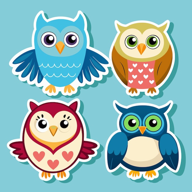 Cute Owl Stickers with Big Eyes and Hearts on Blue Background