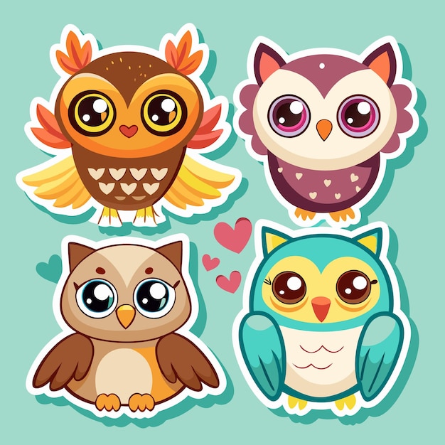 Vector cute owl stickers with big eyes for kids