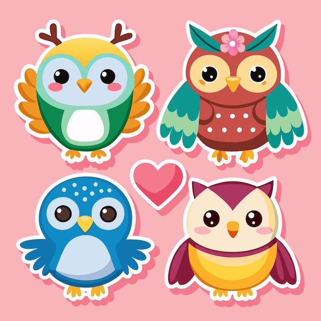 Cute Owl Stickers with Heart for Kids