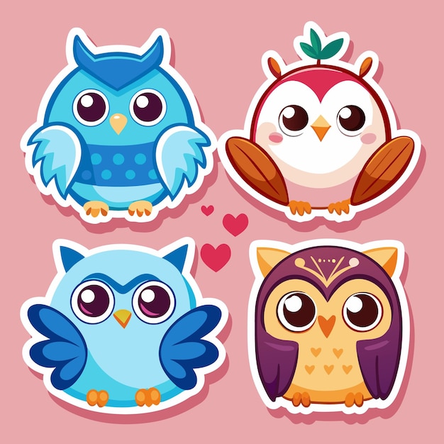 Cute Owl Stickers with Hearts Adorable Cartoon Birds