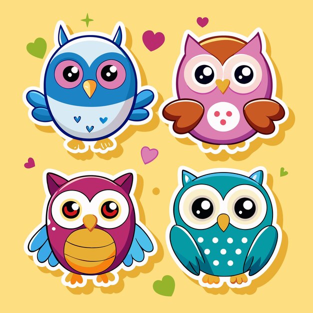 Vector cute owl stickers with hearts for kids