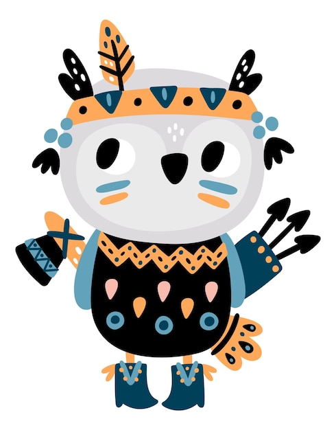 Cute owl in tribal costume Ethnic animal character