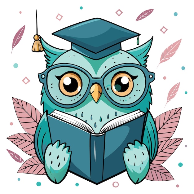 A cute owl wearing glasses and a graduation cap reading a book