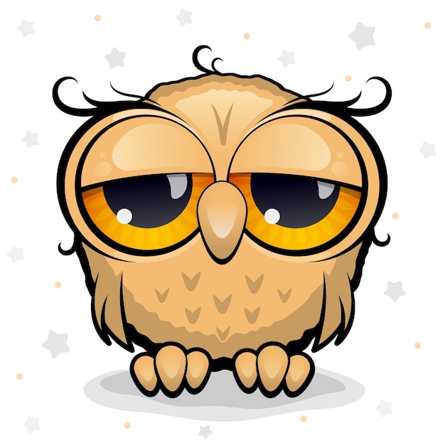 Cute owl with big eyes is tired or falling asleep White background with stars Cartoon style