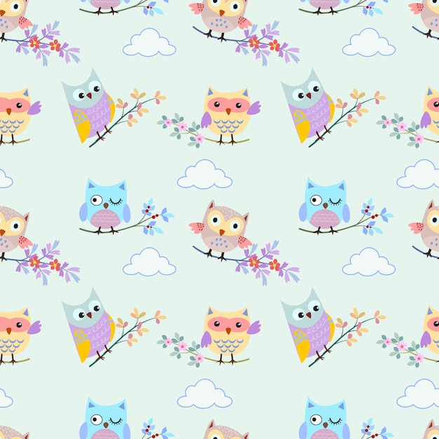 Cute owl with branch on blue sky and cloud seamless pattern