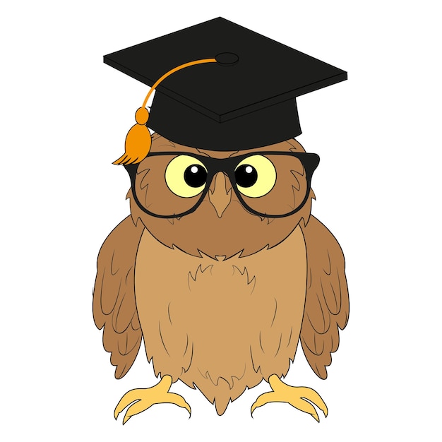 A cute owl with glasses and a graduation hat on a white background For your design