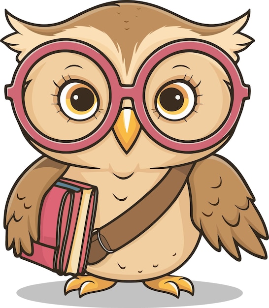 Vector cute owl with glasses holding a book cartoon vector illustration