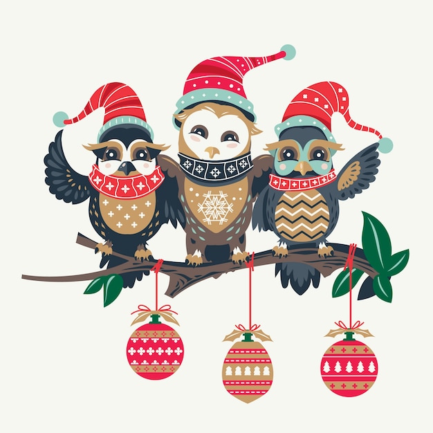 Cute owls Christmas seasonal with bulbs background 