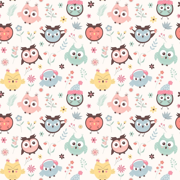 Cute owls and flowers seamless pattern Scandinavian boho print