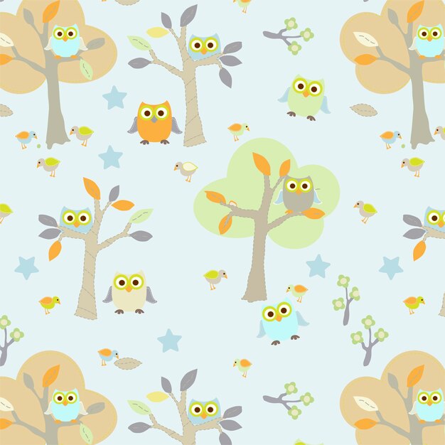 Cute owls in the forest seamless pattern vector