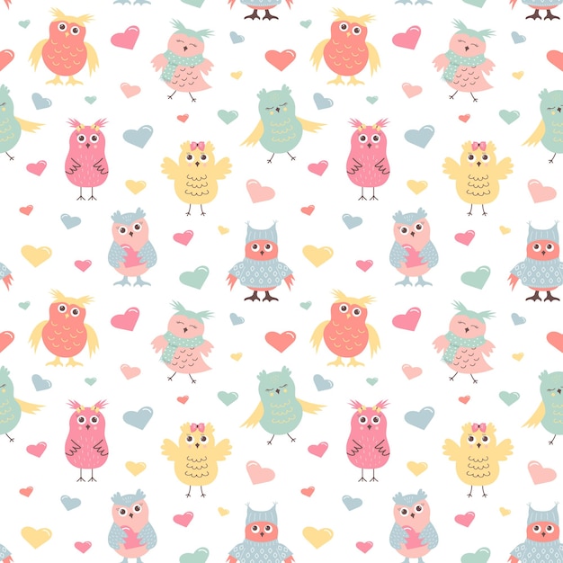 Cute owls in warm clothes and hearts seamless pattern Scandinavian boho print