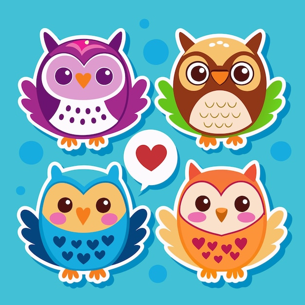 Cute Owls with Hearts Cartoon Stickers