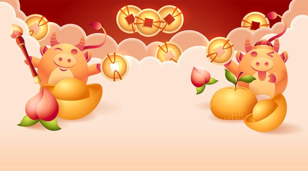 Cute ox with ingots money oranges calligraphy brush peach Chinese New Year template with copyspace