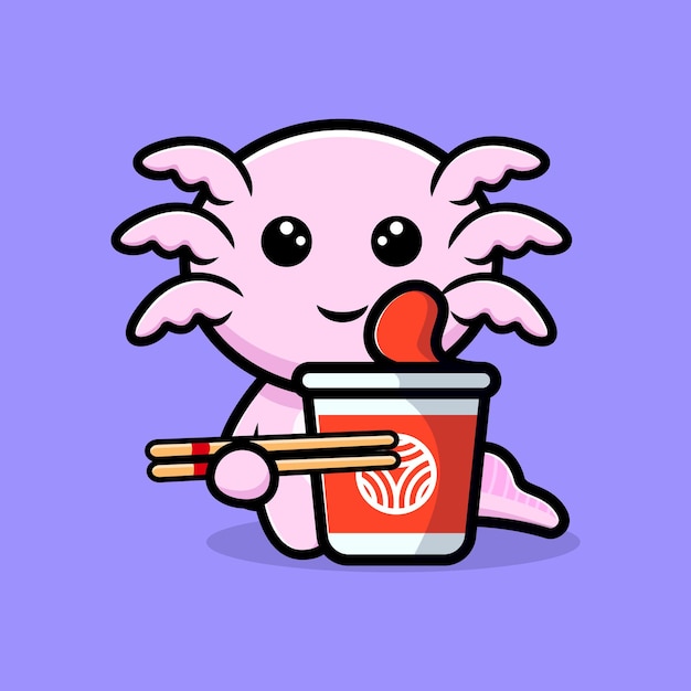 Cute oxolotl with instant noodle  cartoon character