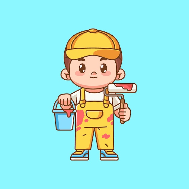 Cute painter service hold bucket and roller kawaii chibi character mascot illustration outline