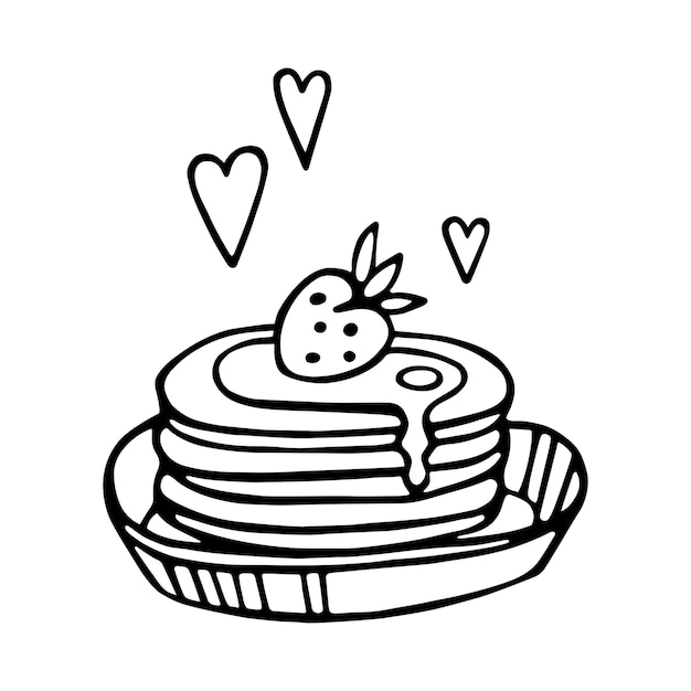 Cute pancakes with strawberries on a plate Decorated with hearts Declaration of love Handdrawn vector illustration of a doodle sketch isolated on a white background For a card Valentines Day